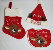 Rudolph the Red-Nosed Reindeer Bib, Hat, Stocking - 3 pc. Baby's 1st Christmas