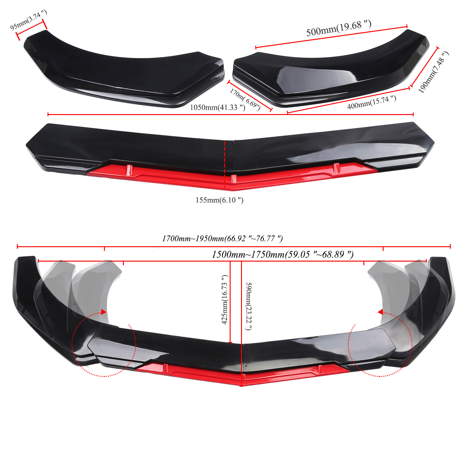 Front Bumper Lip Spoiler Splitter Body+Strut Rods Glossy Black For Honda Civic