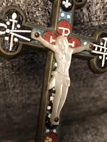 VINTAGE Italian Micro Mosaic Cross Metal Crucifix Stand Pewter Jesus MOP 8 1/4 - Picture 5 of 18
