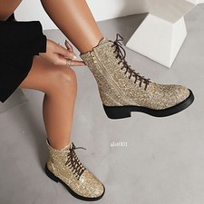 Women's Fashion Glitter Sequin Lace Up Zipper Combat Ankle Boots Shoes