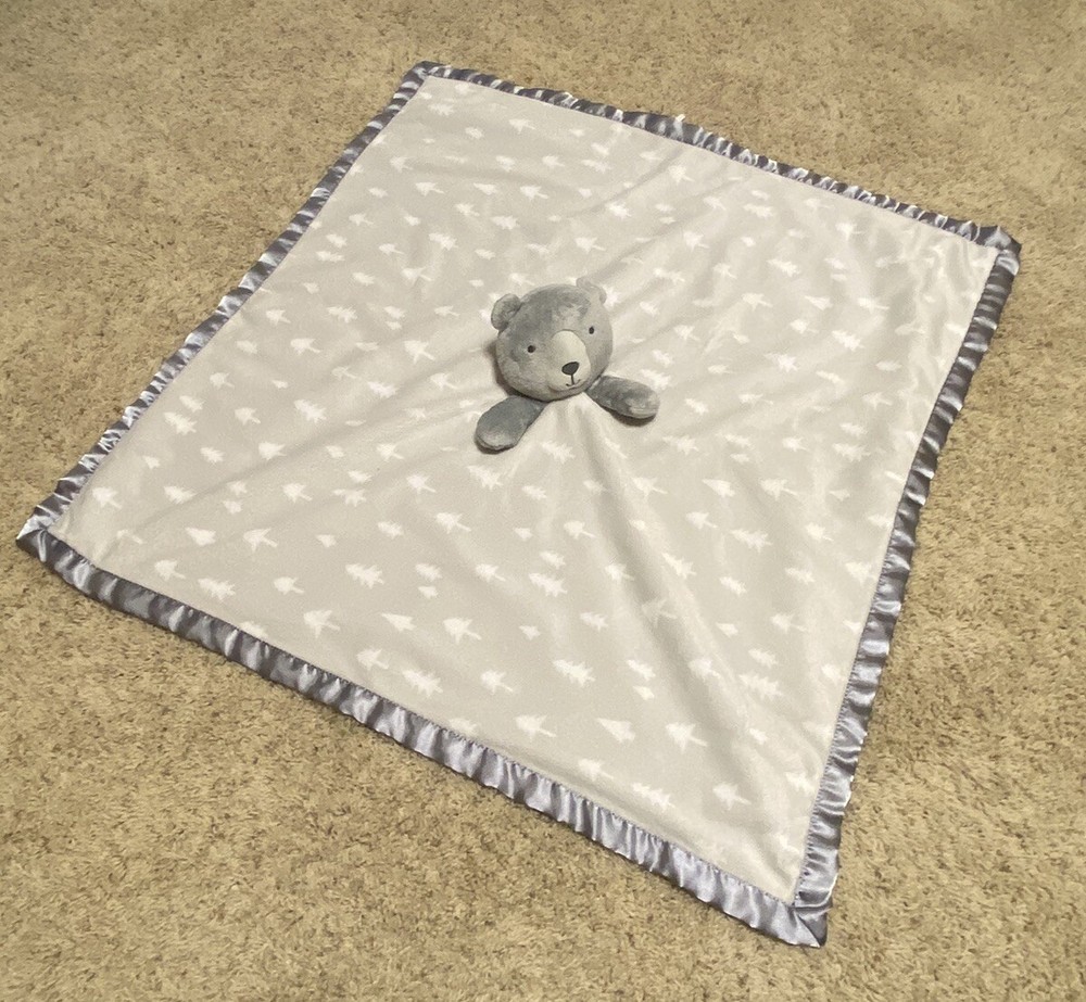 Cloud Island Gray Bear Lovey Security Blanket Pine Trees Large Baby Satin Trim