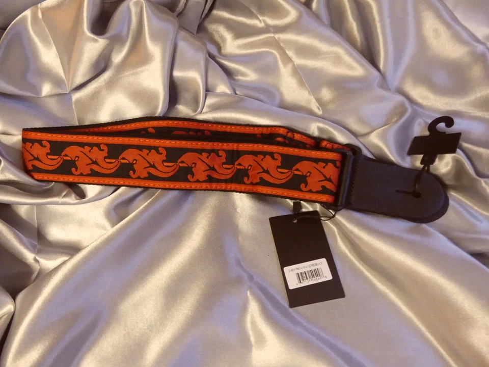 Ovation Guitar Strap Red And Black w/Leather Ends Retro Signature Leaf Design - Image 4 of 4