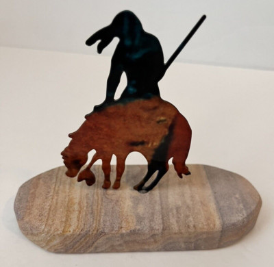 End of Trail Metal Lazart Native and Horse Figure Mounted on Sand Stone Base