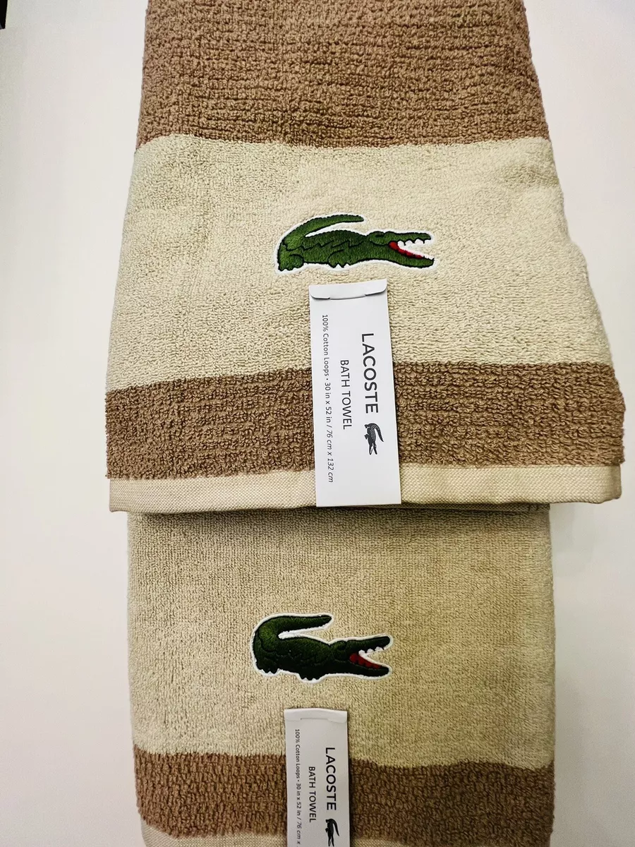 Set Of 2 Lacoste Stripe 30x52 Bath Towel 100% Cotton Sand Brown Big Logo  Towel