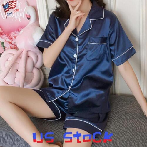 Women Satin Silk Pyjamas PJs Set Ladies Short Sleeve Button Nightwear Sleepwear - Picture 23 of 27