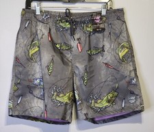 Psycho Tuna Mens Size Large Reel Em In Charcoal Bass Fish Swim Trunks Shorts 32