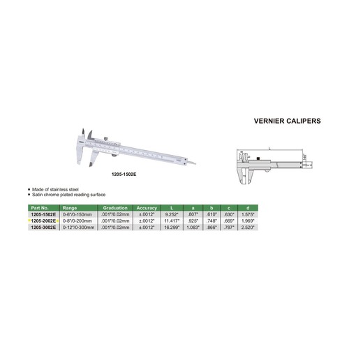 Insize Vernier Caliper 0-200mm/0-8" Range Series 1205-2002S - Picture 10 of 10