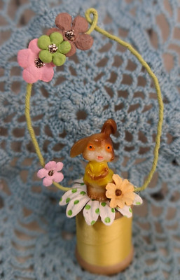 EASTER Decor Handmade with Flowers and VINTAGE Thread Spool & Bunny Rabbit