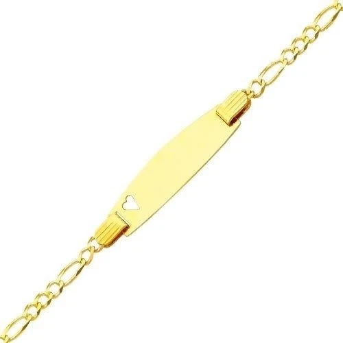 14KT Solid Yellow Italian Gold Figaro Link Heart ID Baby Bracelet