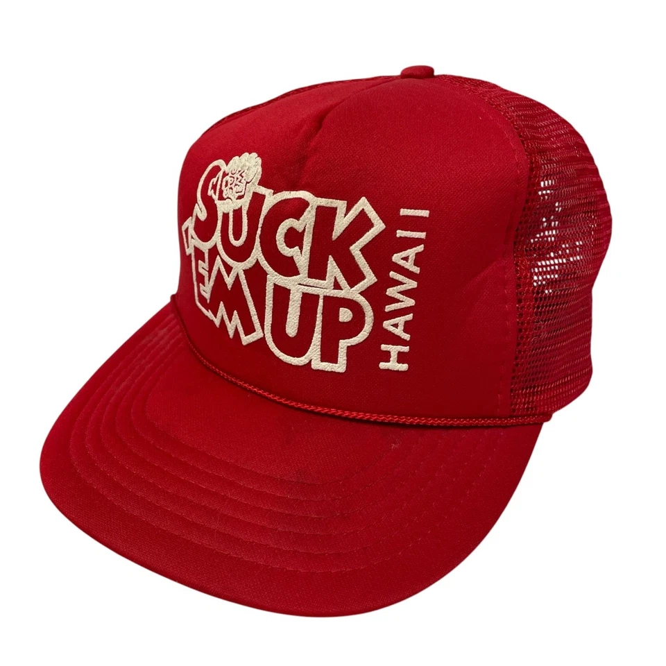 De Colección Años 80 Malla Roja TRUCKER Sombrero SUCK EM UP HAWAII Snapback Beber Gorra Cuello Rojo Foto 2 de 4