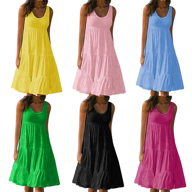 Womens Summer Smock Dress Ladies Holiday Beach Casual Loose Frill Mini  Sundress
