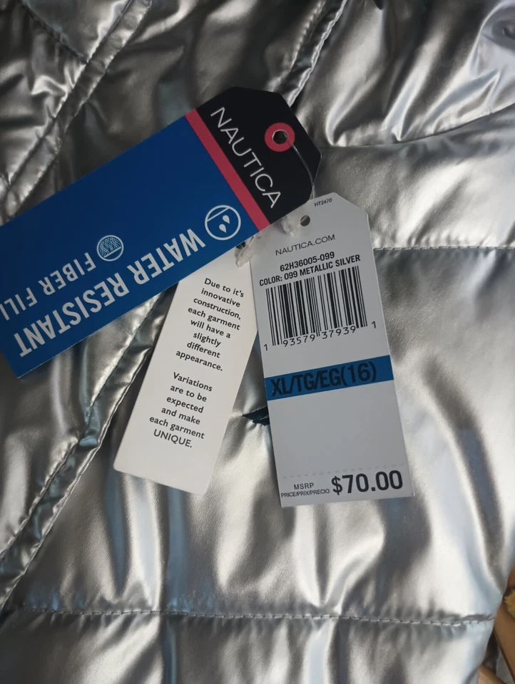 Nuevo Chaleco acolchado con cremallera completa Nautica niño/niña junior plateado, talla XL talla 16 Foto 2 de 4