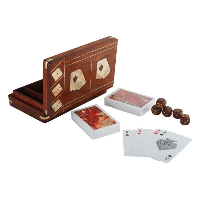 Playing Cards Handmade Wooden Storage Box with 5 dice in Antique Design us