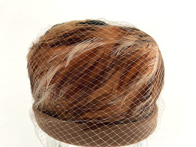 1950 s Pheasant Feathers Pillbox Hat All Velvet Brim Union Made Intact Feathers