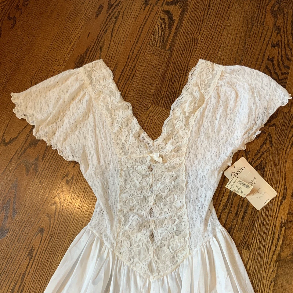 Lencería De Colección Cinema Etoile Chemise L Blanco Encaje Satinado Fairycore EE. UU. Años 80 Nuevo de Lote Antiguo Foto 2 de 4