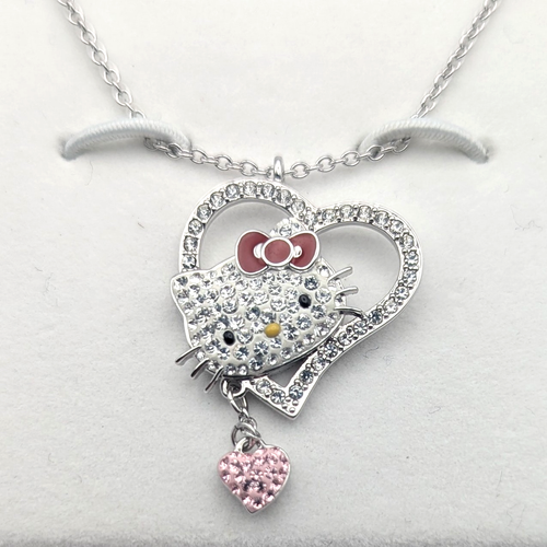 Hello Kitty Swarovski Pendant Necklace Silver Heart w/Box Holiday Gift Present