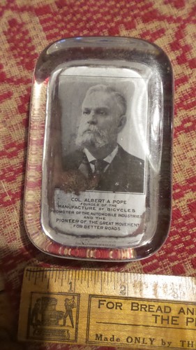 Antique Glass Advertising PAPERWEIGHT Albert Pope, Bicycles, Auto, Roads
