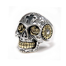 ROSE EYES SUGAR SKULL SANTA MUERTE 925 STERLING SILVER CROSS BIKER RING nd-r044