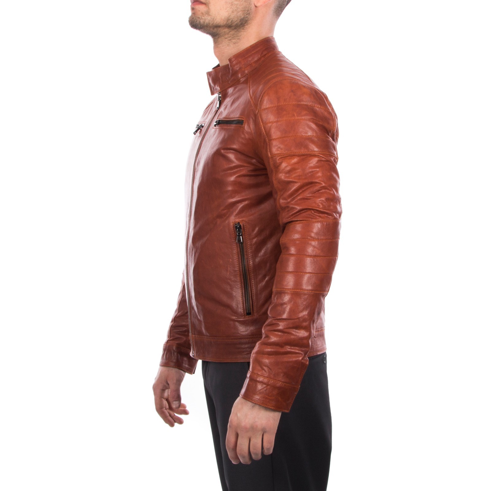 ITALIAN HANDMADE MEN GENUINE LAMB LEATHER JACKET SLIM FIT COGNAC BROWN ANTIQUED image 3