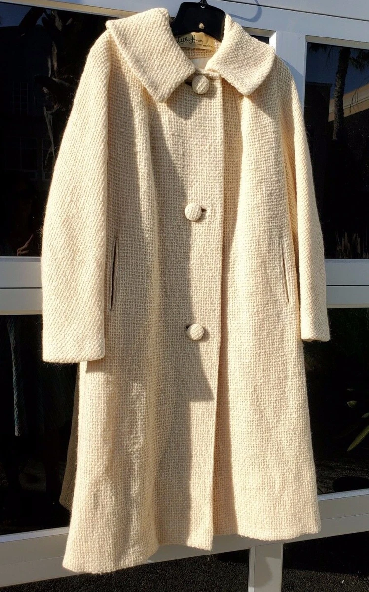 Vintage 50s 60s LILLI ANN Paris Knit Cream Wool Swing Car Coat Princess  White