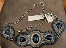Chico s Adjustable Leather Chain Fashion belt Blue Stones Bead Accents S/M Nwt