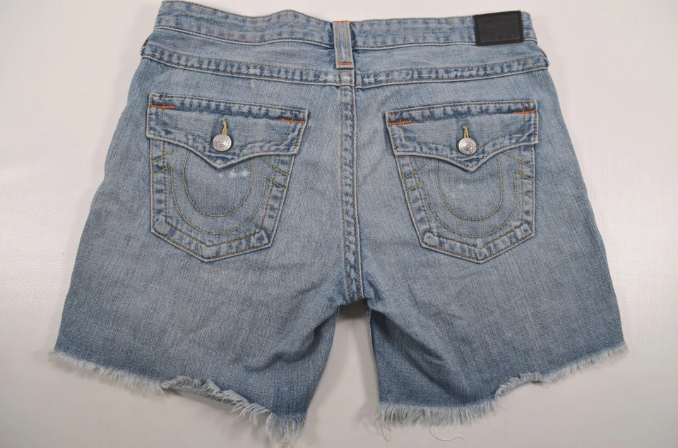 Pantalones Cortos Vaqueros True Religion Azul Para Mujer 30 Cintura 35" Botón Envejecido Mosca Foto 3 de 4