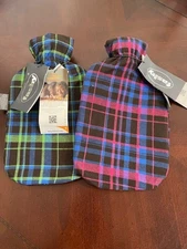 2 Hot Water Bottles by Fashy with 100%  Cotton Hot Pink  & Green Covers for Pain