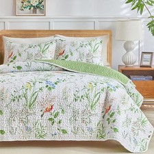 3 Pieces Quilt Set Full/Queen, Floral Green n White Queen-90"x90" Botanical