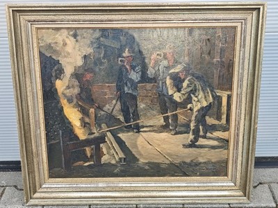 Ria Picco Rückert 1900-1967 Industrie Gemälde Arbeit im Stahlwerk Haspe Signiert
