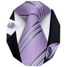 Mens Silk Tie Striped Plaid Necktie and Pocket Square Lavender and Grey