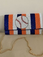 SILVER Beaded Baseball Striped Clutch Orange Blue with Detachable Gold Chain