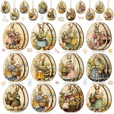 36 Pcs Vantage Easter Wooden Ornaments Retro Easter Decorations for Tree Bunny