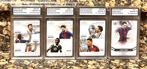 “4” Lionel MESSI/Cristiano RONALDO/PELE LEAF LEGENDS GRADED GEM-MT 10 Lot. Coa!