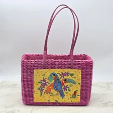 Sun N Sand Womens Woven Tote Handbag Pink Parrot Beaded Straw Tropical Beach