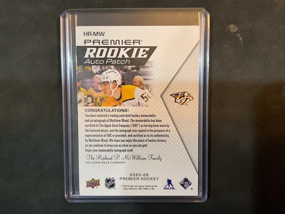 Predator Rpa 2025-26 UD Premier Matthew Wood Rookie Auto Patch /99 RPA Predators HR ...