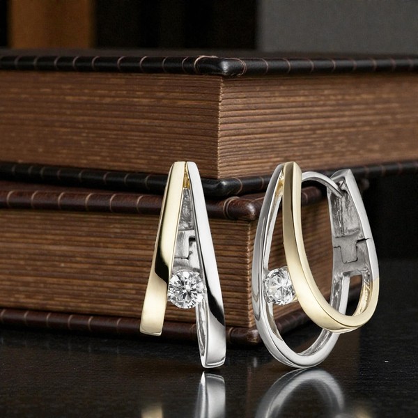Creolen 925 Sterling Silber Bicolor Vergoldet 2 Zirkonia Ohrringe-image
