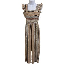 Boho Smocked Jumpsuit Wide Leg Ruffle Sleeve Geometric Print Boho Indie Festive