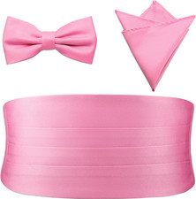 Mens Formal Solid Pre-tied Bow Tie  Pocket Square  Cummerbund Set Tuxedo Bow T