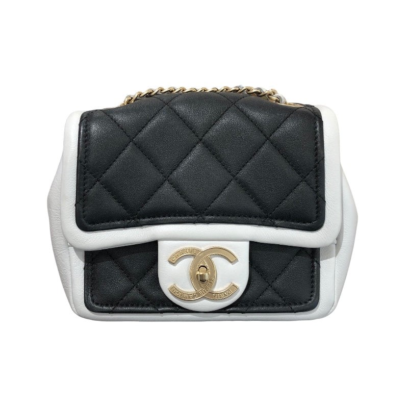 CHANEL Mini Chain Shoulder Bag Black White GHW Calf Leather #1323