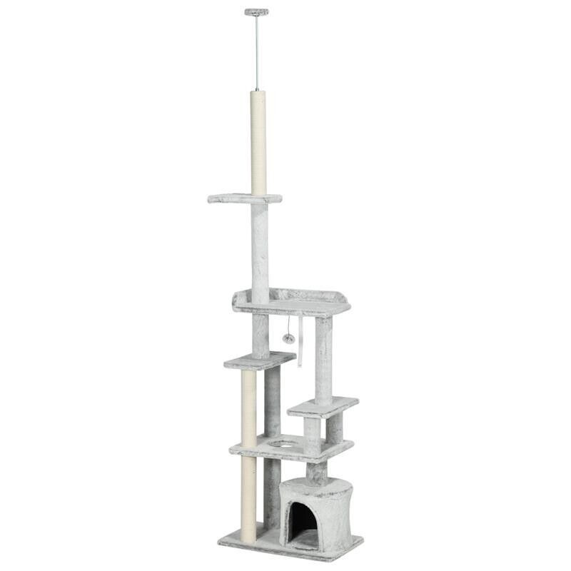 Albero tiragraffi per gatti a soffitto con piattaforme e casetta, grigio