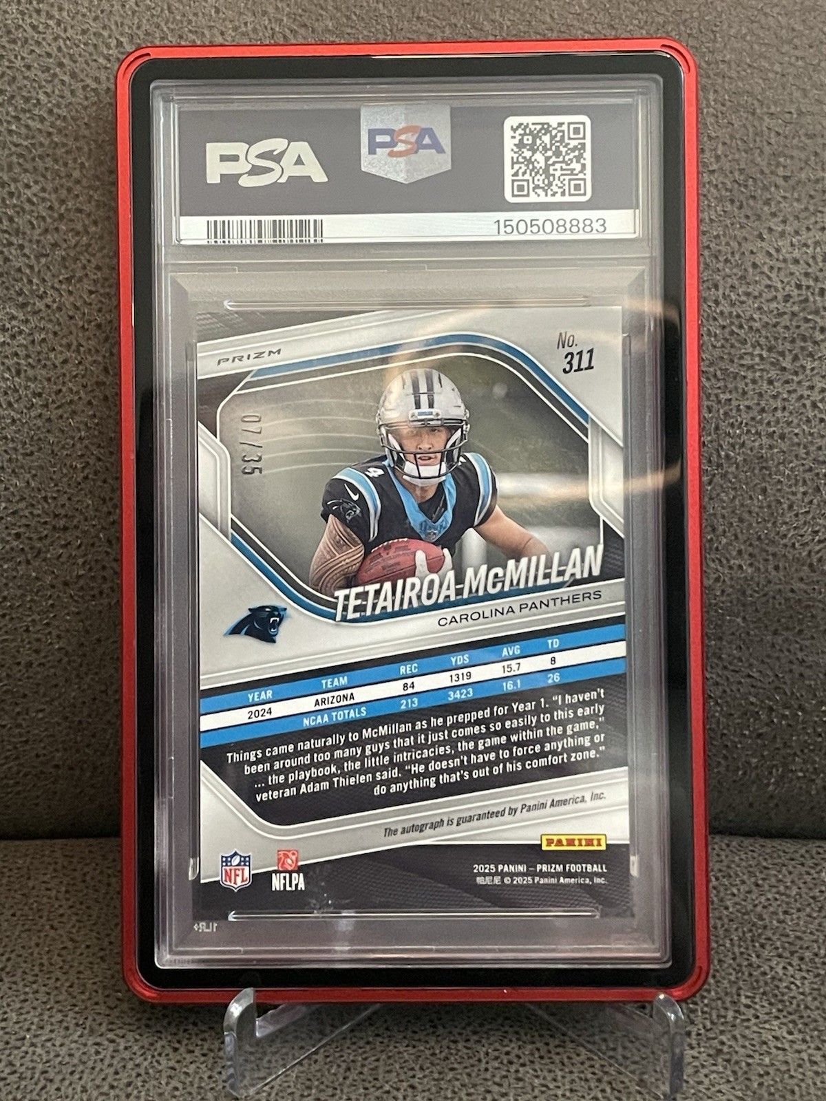 🔥Tetairoa McMillan 2025 Panini Prizm Rookie Red Shimmer Auto /35 PSA 10💎 view 2