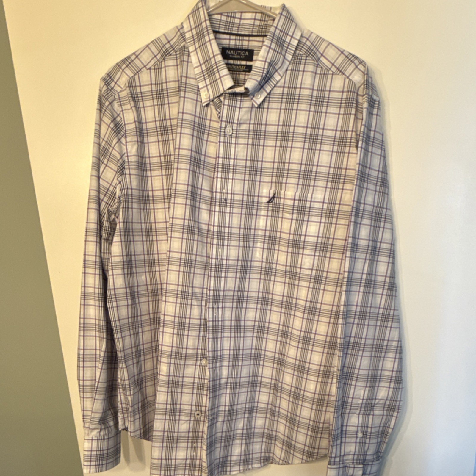 Nautica Classic Fit NauticaFlex Wrinkle Resistant Plaid Shirt L White/Purple/Bl…