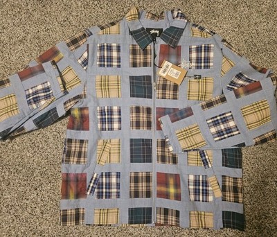 Stussy Madras Patchwork Men's Zip Jacket Size Large Denim Plaid