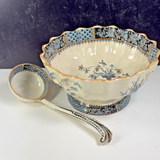 Antique Copeland Spode Transferware KEW Punch Bowl Ladle Blue Aesthetic Mvmt