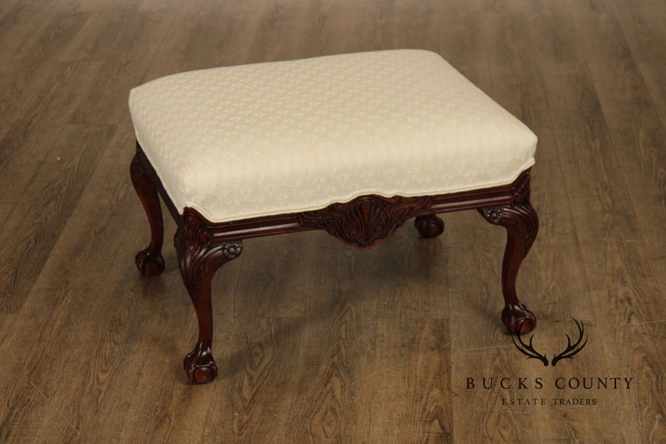 Thomasville Pair Of Chippendale Style Mahogany Upholstered Ottomans - Image 3 of 4