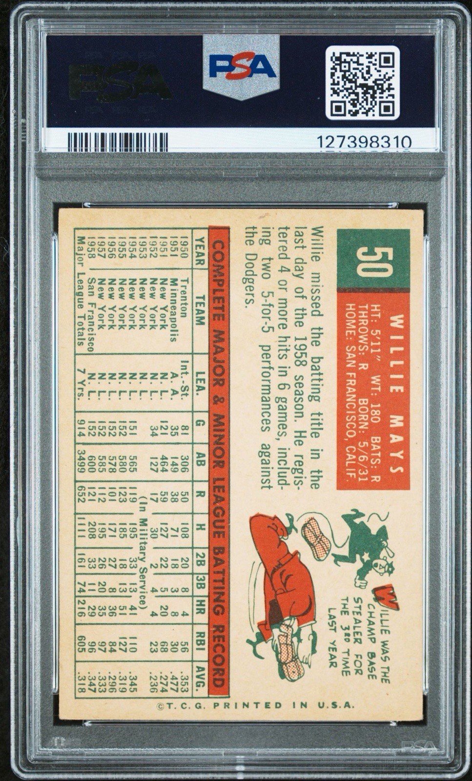 1959 Topps Willie Mays #50, PSA 4 view 2