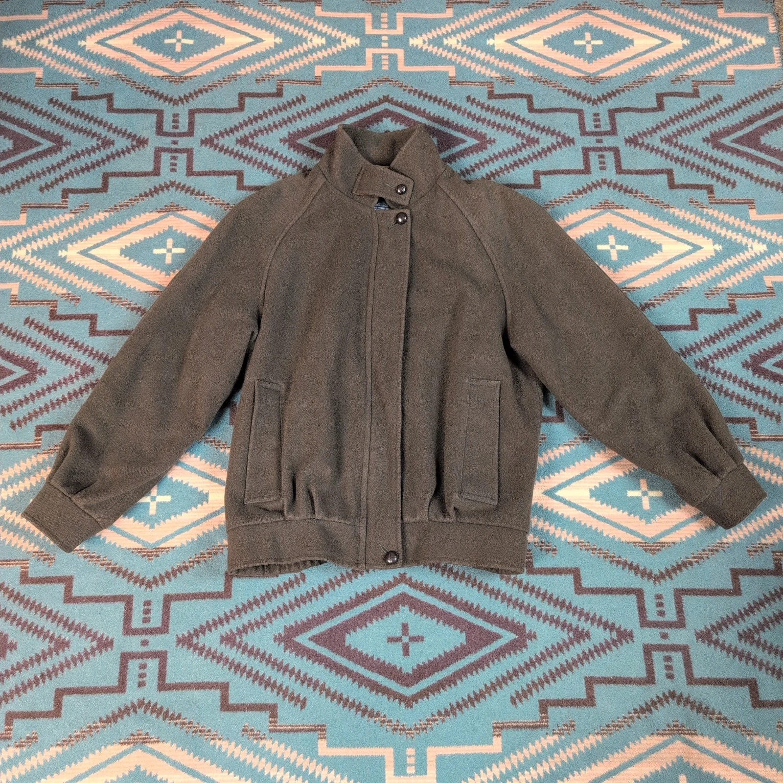 Vintage Lands End Jacket Men's Small Green Wool Bomber Leather Trim USA 80s 90s - product detail image 3