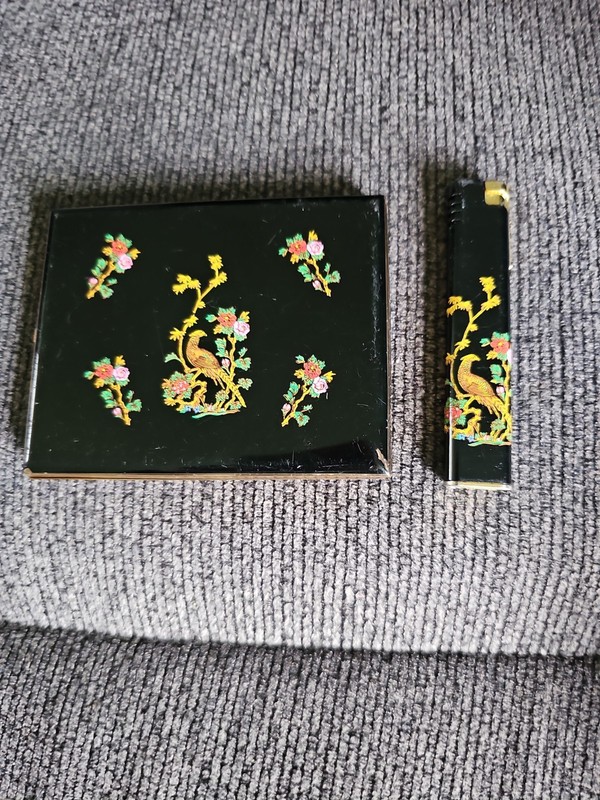 Beautiful 1960s Colibri Peacock Lighter and Cigarette Enamel Case Set . Signed