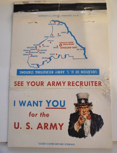 I Want You For The Army, Uncle Sam Matchbook Cover, Recruiting San Antonio Tx