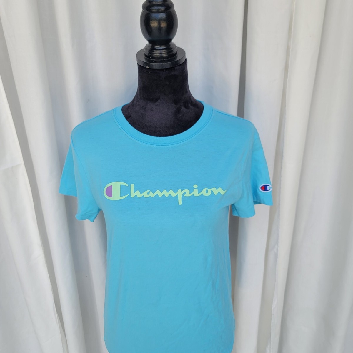 Champion T-Shirt Womens Size Small D Aqua Graphic Cotton Short
